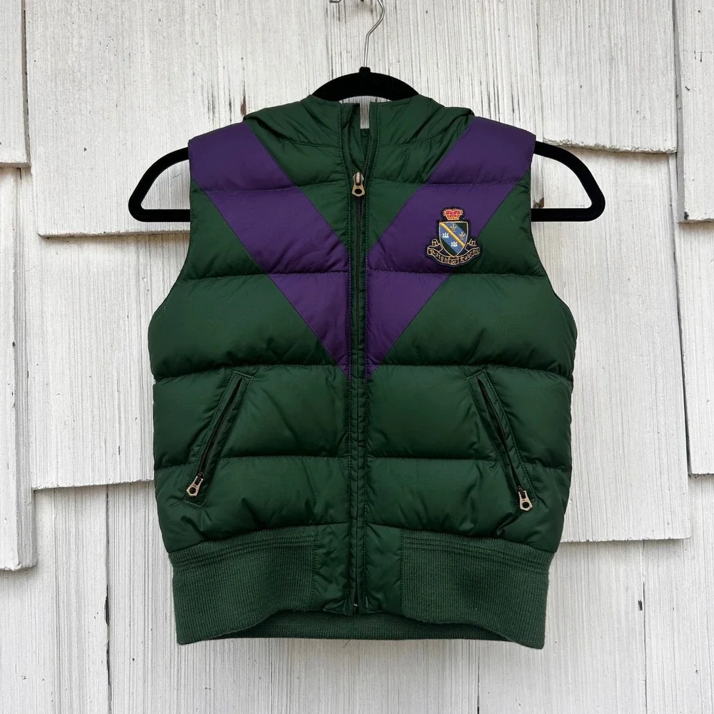 Ralph Lauren Kids Green Purple Down‎ Puffer Vest Hooded Crest Patch Size M 8/10